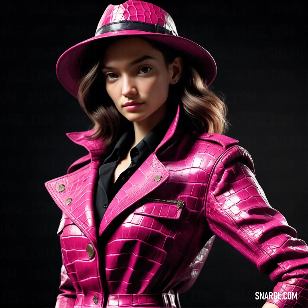 Woman in a pink suit and hat posing for a picture with her hands on her hips. Example of RGB 209,35,104 color.