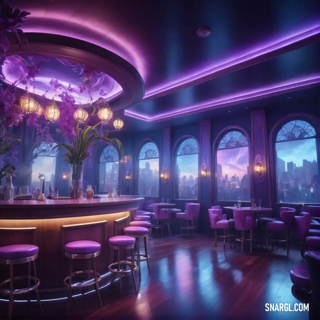 A vibrant bar exhibiting stunning purple lighting and stylish bar stools, designed with elegance and flair, inviting patrons to enjoy a night of relaxation and indulgence in a captivating ambiance.