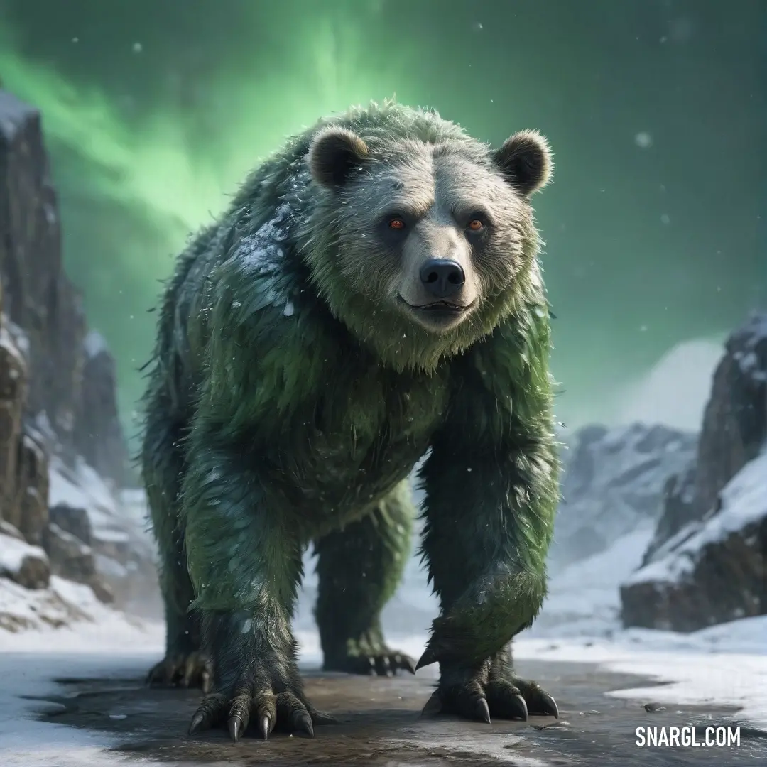 A curious bear walks effortlessly across a blanket of snow, illuminated by a gentle green light that enhances its striking features against the majestic mountains in the backdrop, encapsulating the essence of PANTONE Violet.