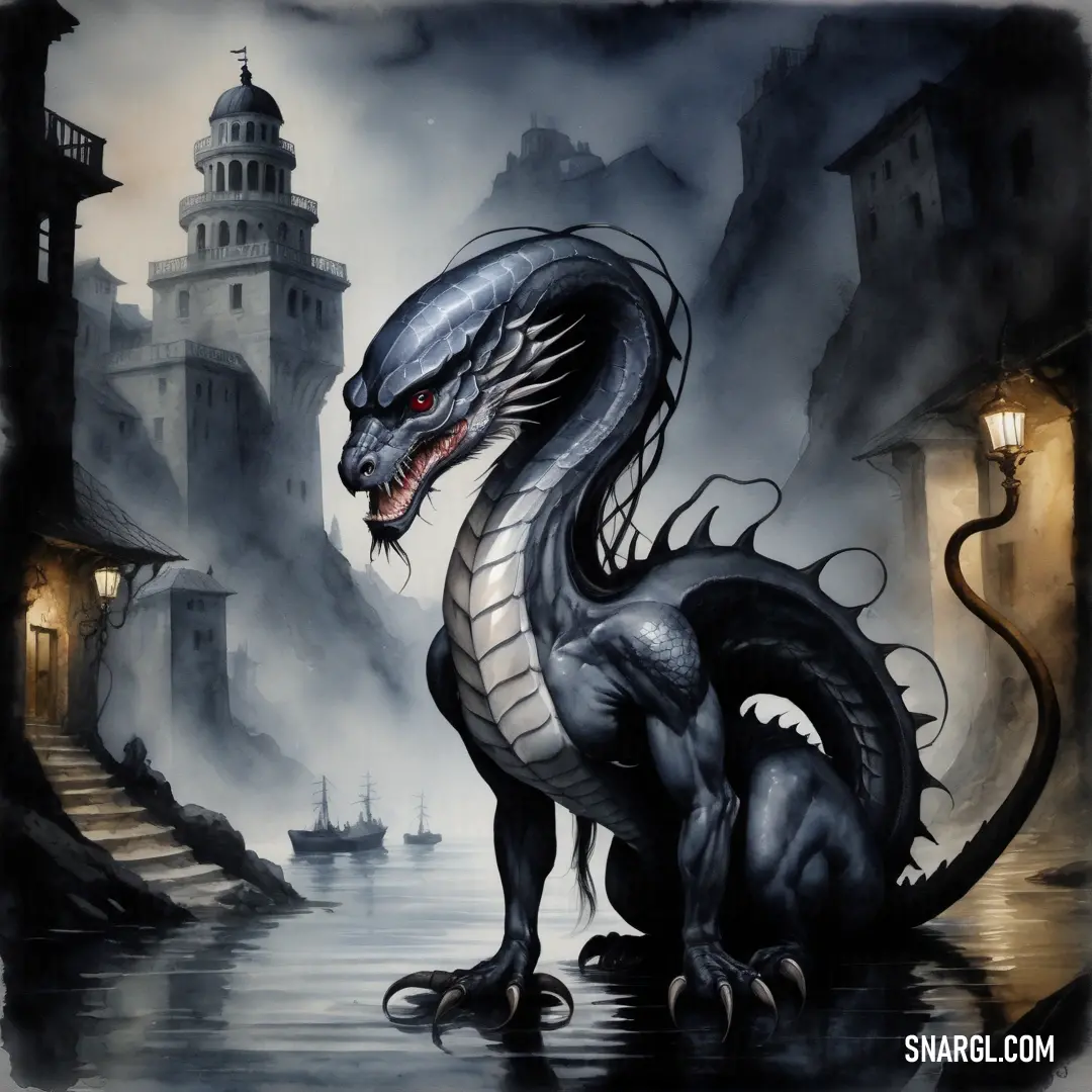 A dark dragon, its red eyes glowing with intensity, stands by a river near an ancient castle. A boat drifts in the background, and the scene is filled with the deep contrast of CMYK 90,99,0,0.