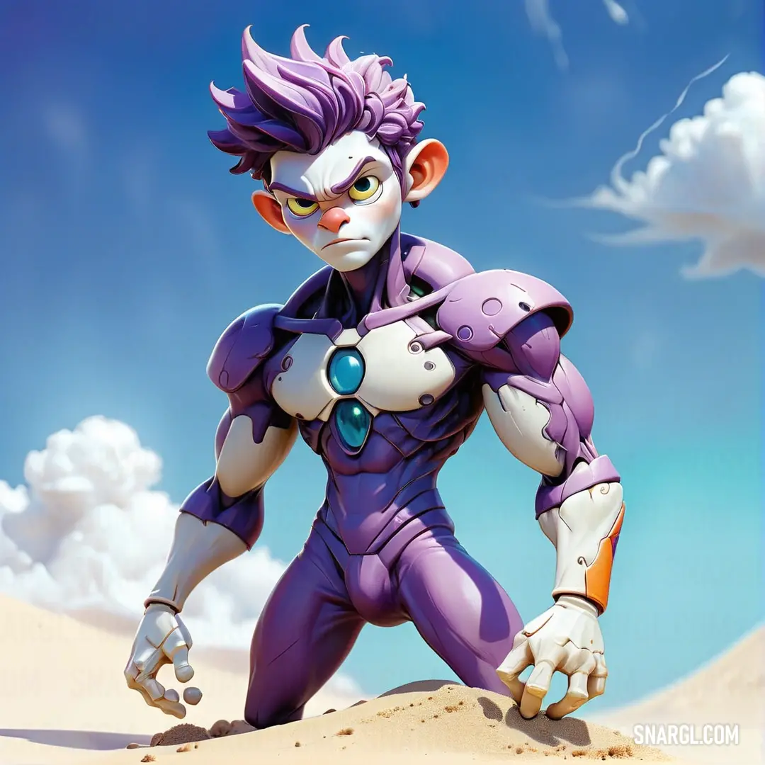 A whimsical cartoon character clad in a striking purple suit, featuring a quirky white face and a playful demeanor, creating a light-hearted and imaginative scene full of fun and charm.