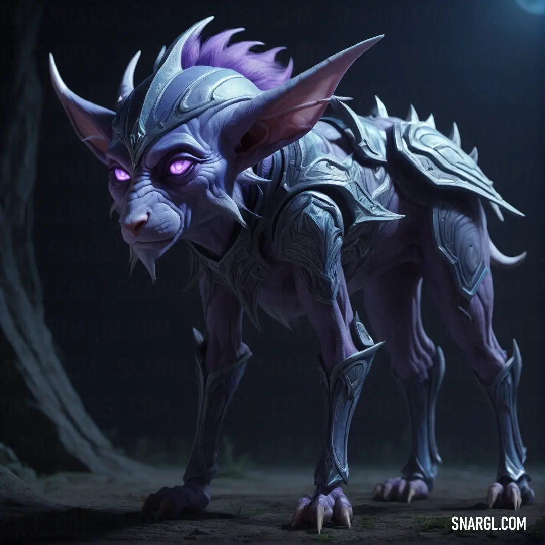 A dark, horned creature with glowing purple eyes stands amidst the shadows, its body silhouetted against the dim light of a distant tree. Its eerie, haunting presence is accentuated by the mysterious light on its face.