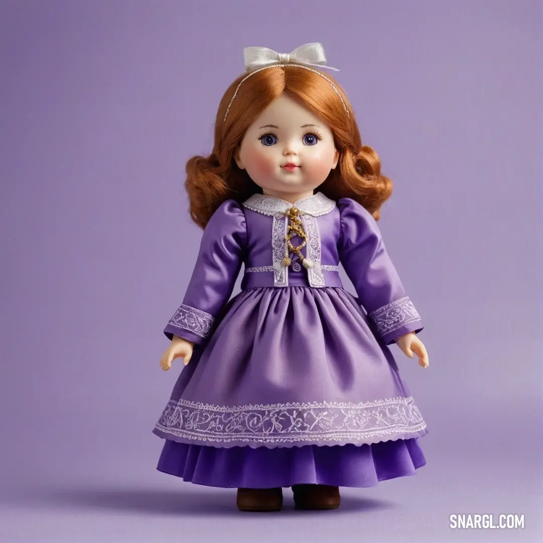 A delightful doll with vibrant red hair, dressed in a charming purple dress and adorned with a white bow, captured against a backdrop that emphasizes her playful and whimsical character.