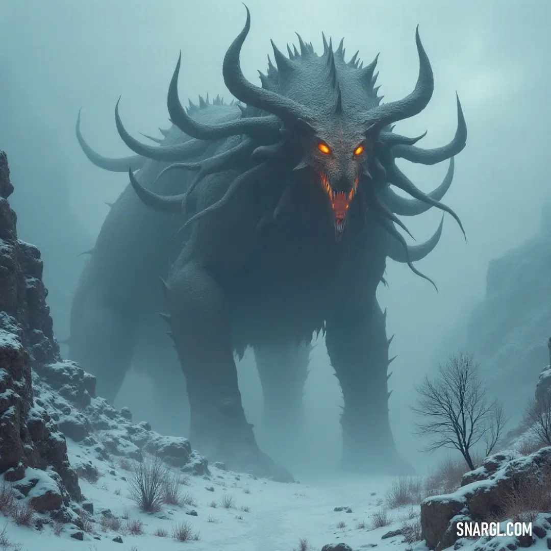 A towering, monstrous creature with glowing eyes stands in a snowy landscape, surrounded by scattered rocks and shrubs. The deep violet hue of its form contrasts with the crisp white snow, creating an eerie and otherworldly atmosphere.