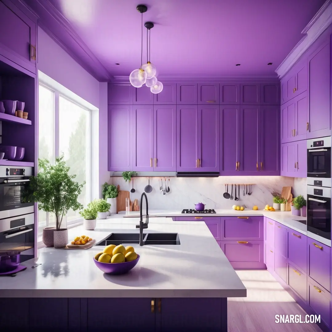 A stylish kitchen featuring rich purple cabinets paired with a pristine white countertop and a vibrant bowl of fruit. A window streams in natural light, filling the space with warmth and vitality, making cooking delightful.