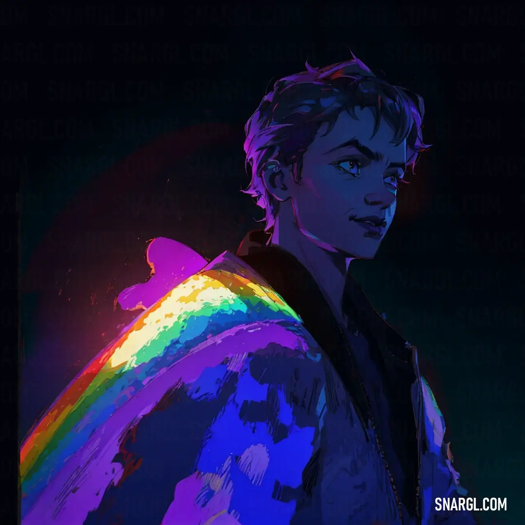Man with a rainbow colored jacket on holding a rainbow colored umbrella in his hand and a black background. Color #4A3687.