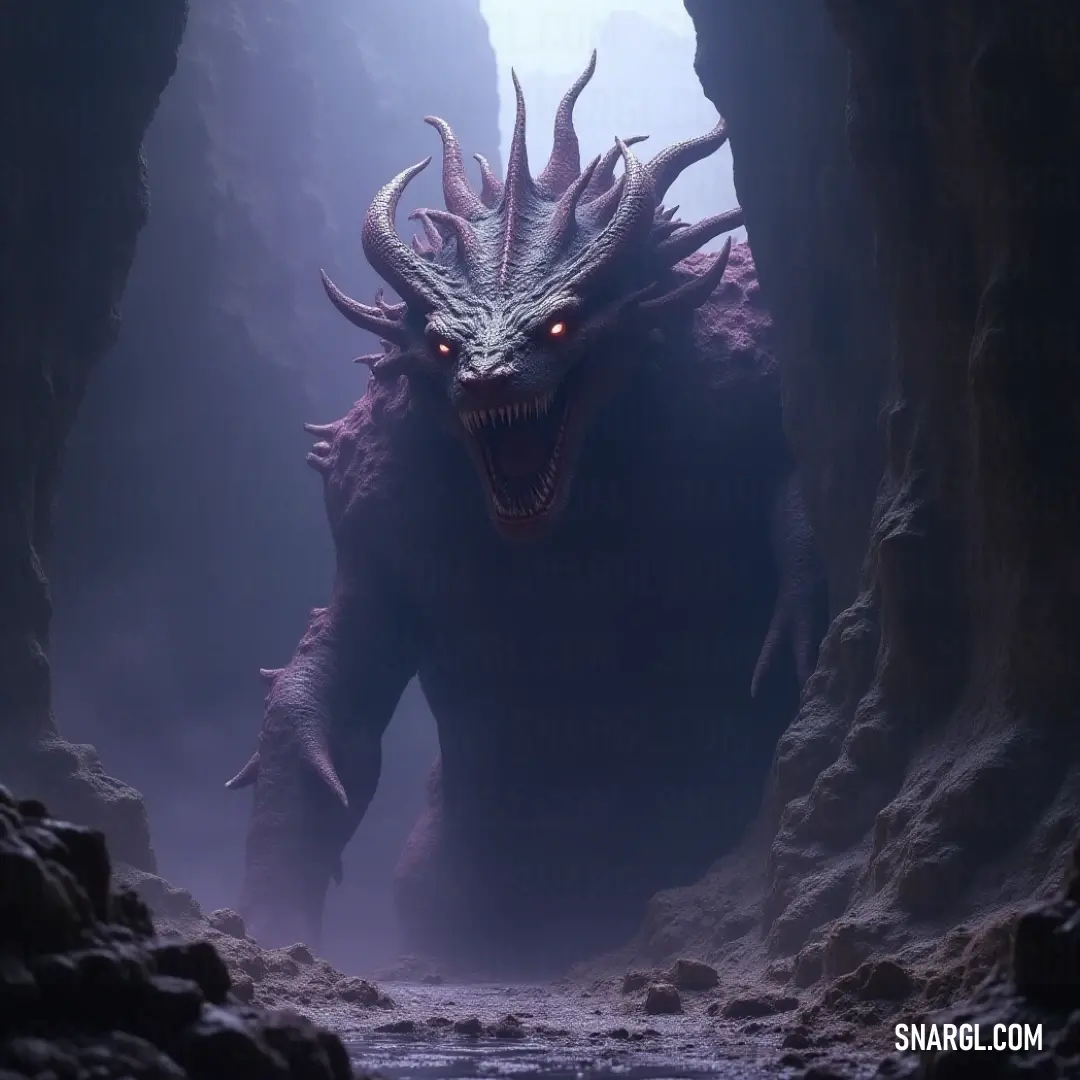 A fearsome monster with large horns and sharp teeth emerges from a dark cave, its silhouette illuminated by a stream of light that highlights its menacing form and fierce presence.