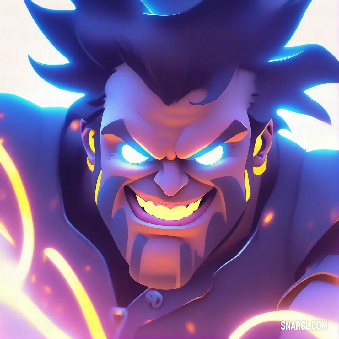 A whimsical cartoon character with glowing eyes, wild demon-like hair, and a mischievous grin stands animatedly against a contrasting background, exuding a playful and intriguing vibe.