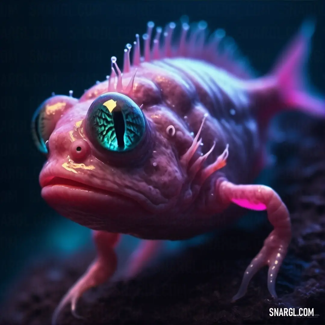 A mesmerizing close-up of a fish showcasing its vibrant pink body and head, complemented by a striking green eye. The contrast against the deep black background accentuates its intricate scales, drawing you into the beauty of underwater life.