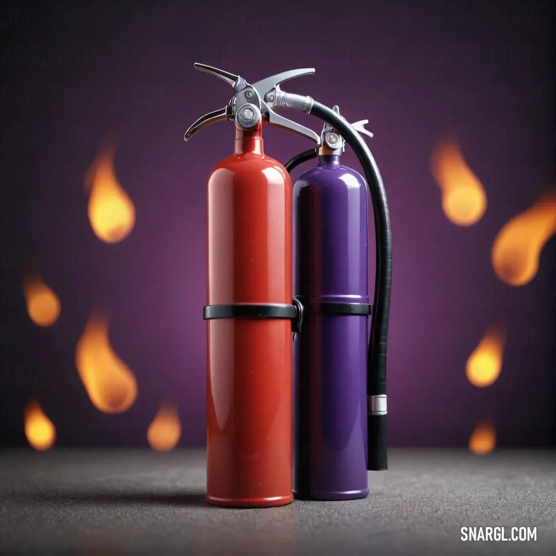 A fire extinguisher casually rests alongside a lighter on a table, set against a striking purple background that juxtaposes safety symbols with a vivid burst of color and modern design.