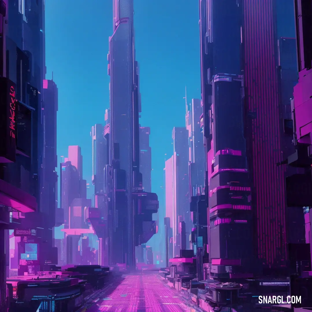 Futuristic city with a lot of tall buildings and a purple sky background. Color PANTONE Violet.
