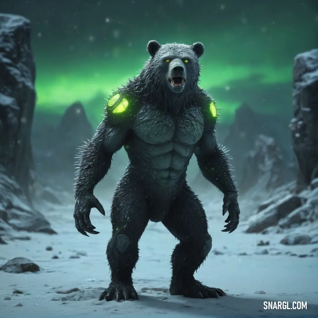 A colossal bear stands majestically in a snowy landscape, its fur contrasting with the pristine snow, glowing green eyes illuminated by an ethereal light that adds a touch of mystery to the scene.