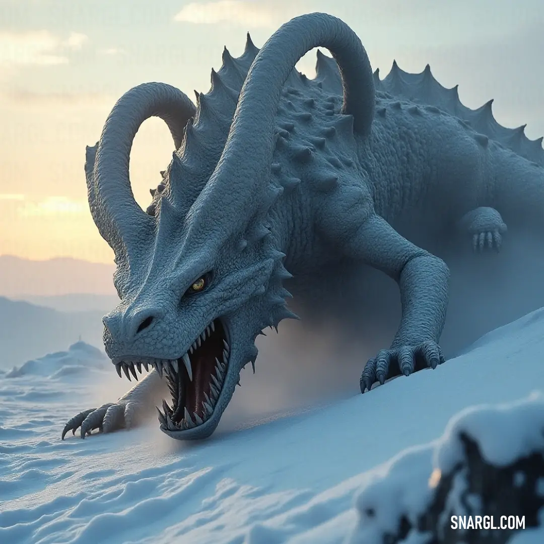 A large, majestic white dragon with razor-sharp teeth stands tall on a snow-covered hillside, its gaze fixed on the horizon as a vibrant sunset colors the sky above.