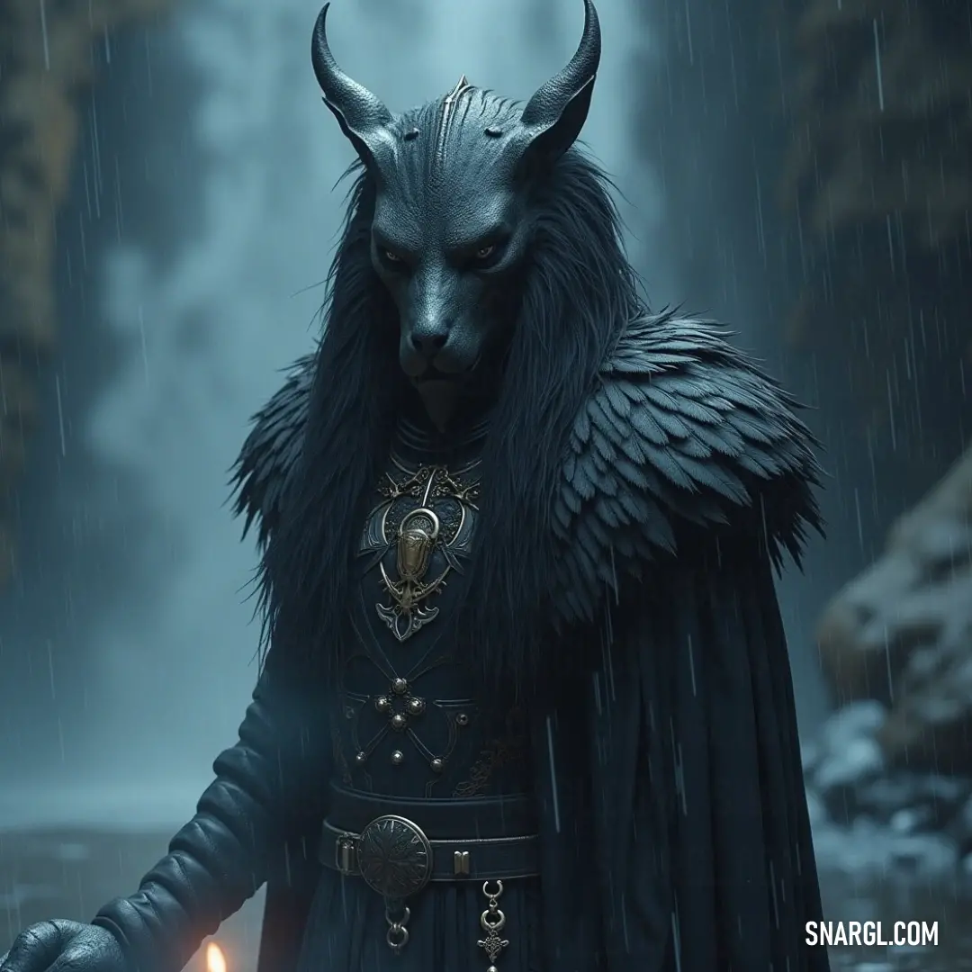 A mysterious figure dressed in black with a horned head, holding a lit candle in a dimly lit environment. The flickering flame casts eerie shadows, adding an air of intrigue and drama.