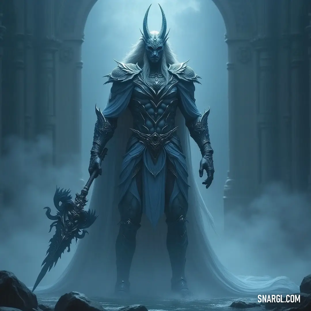 A man clad in a blue costume stands amidst swirling fog, flanked by two shadowy, demonic creatures. The atmosphere is thick with mystery and danger, enhanced by a deep, moody color palette.