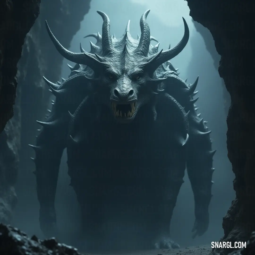 A terrifying creature with large horns and sharp teeth lurks in a dark cave, its face illuminated by a beam of light that highlights its monstrous features, creating a haunting visual.