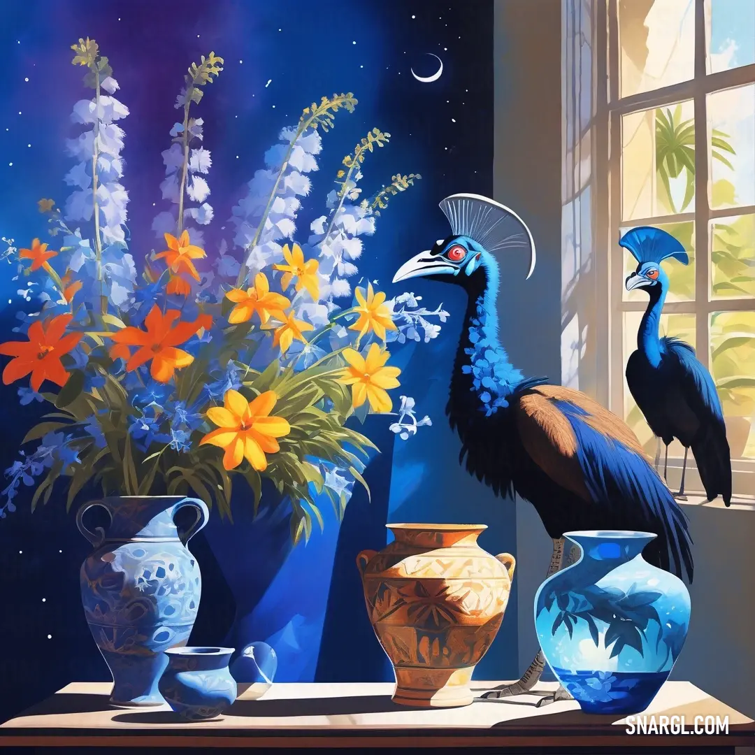 A charming painting featuring two elegant birds perched beside vibrant vases filled with colorful flowers. The serene moonlight filters through, enhancing the tranquil scene, ideal for adding a touch of calm elegance to any space.