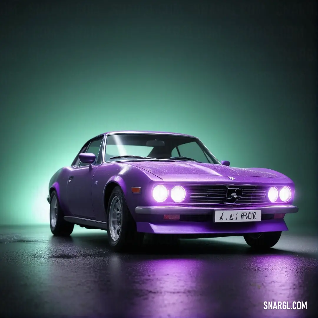 A sleek purple car is showcased in a dimly lit room, contrasted by a vivid green background, creating an alluring visual story that merges elegance with modern automotive design.