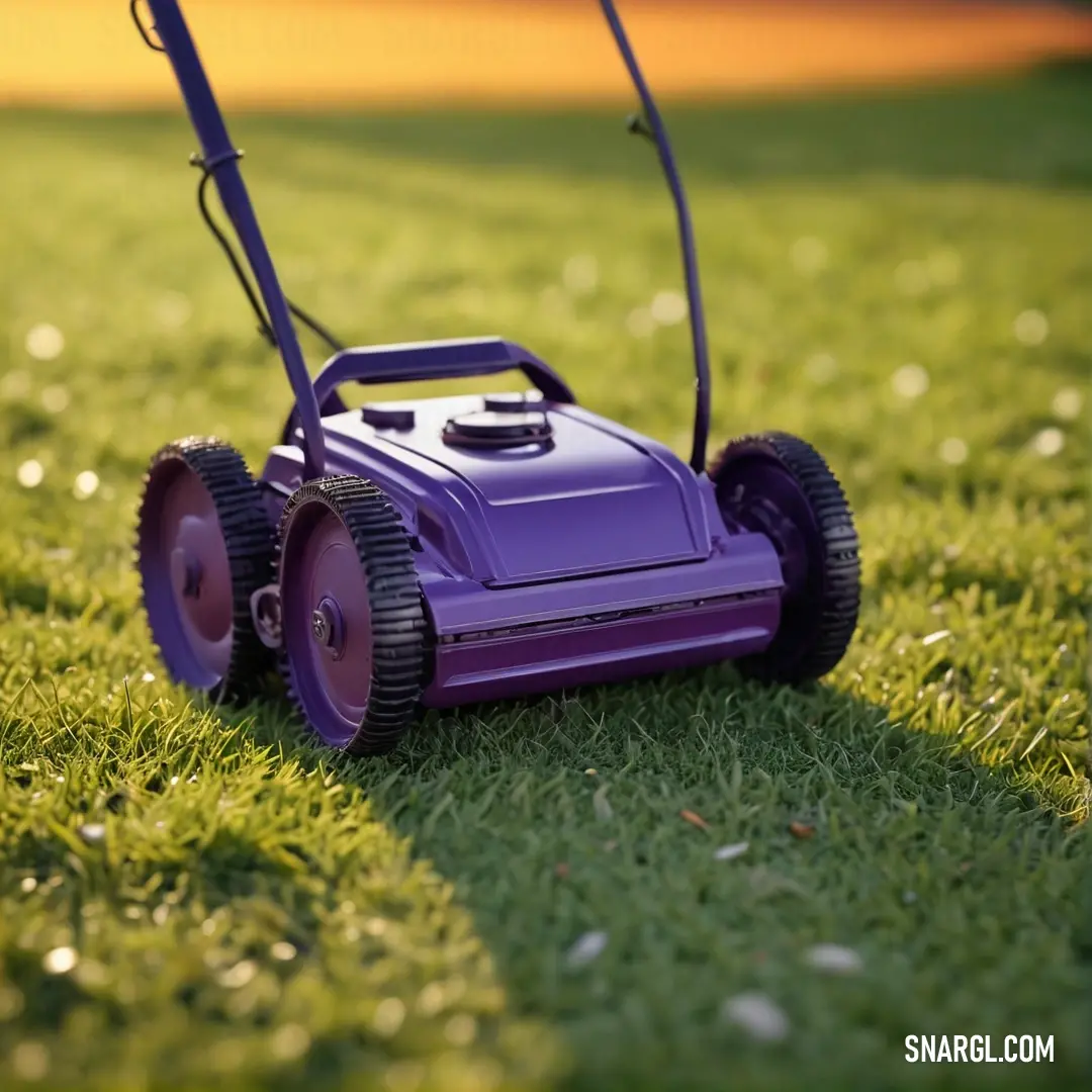 A vivid purple lawn mower rests atop a lush green field, framed by a dreamy yellow sky that enhances the freshness of the scene, evoking feelings of summer and vibrant outdoor life.