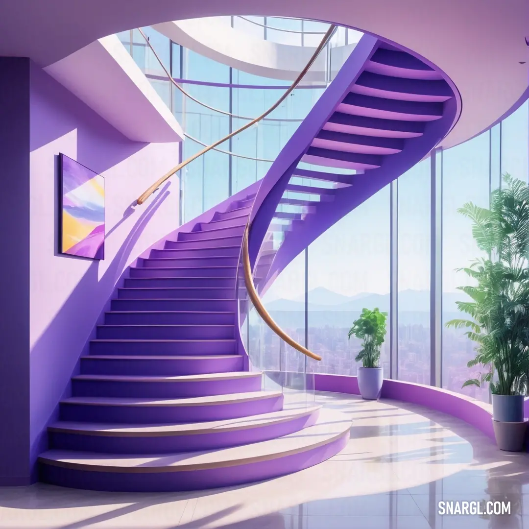 A stylish purple staircase that spirals elegantly in a contemporary home, adorned with a lush green plant in the corner. The modern aesthetic and vibrant color create a striking visual that elevates the ambiance of the space.