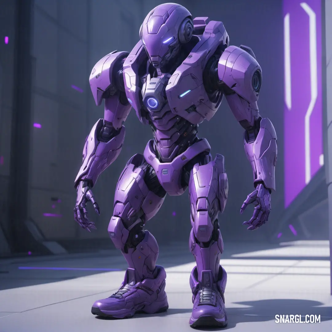 Robot suit standing in a room with purple lights on it's sides. Color RGB 74,54,135.