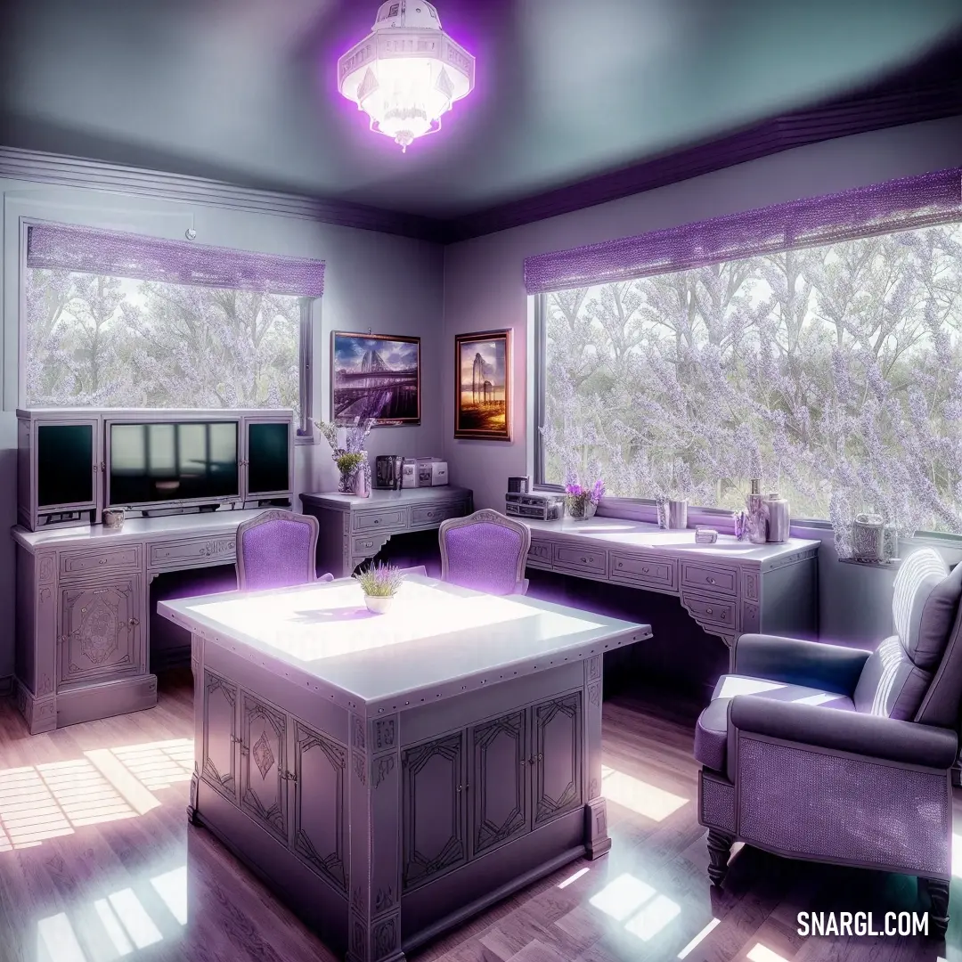 A cozy room with a modern table, chairs, and a TV. The purple light from the ceiling gives the space an ambient, relaxing glow. The RGB 74,54,135 color adds a calming touch to the room’s decor.