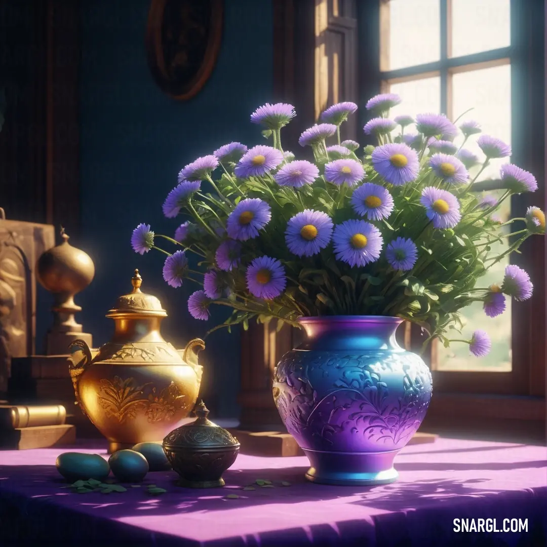 A captivating display of PANTONE Violet, featuring a lovely arrangement of flowers in a stylish vase beside a glimmering golden vase. The rich color palette adds warmth and sophistication to this charming botanical scene.