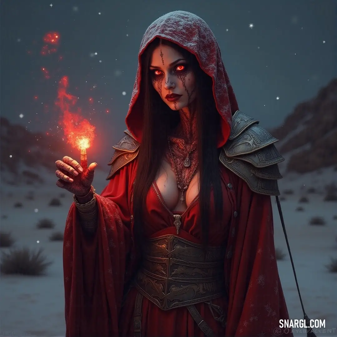 A striking woman dressed in vibrant red holds a matching red ball and wears an enchanting red hood, exuding an aura of mystery and allure, perfectly framed against a whimsical yet ominous background.