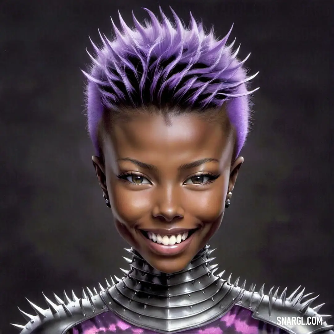 Woman with spiked hair and a purple dress smiling at the camera with spiked hair and a smile on her face. Example of CMYK 90,99,0,0 color.
