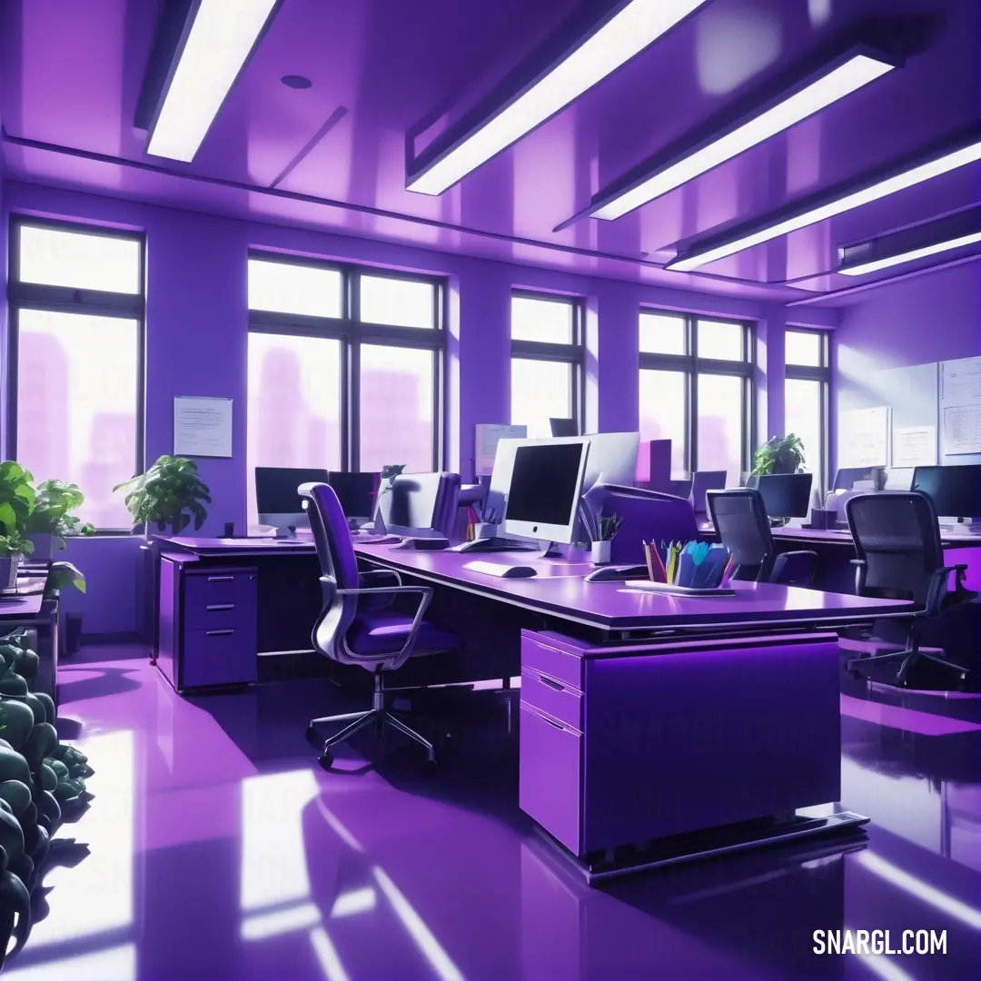 A vibrant purple office space filled with modern desks and ergonomic chairs, accented by lush green plants nestled in the corner. The unique purple lighting creates a cozy, inviting atmosphere, perfect for productivity and creativity.