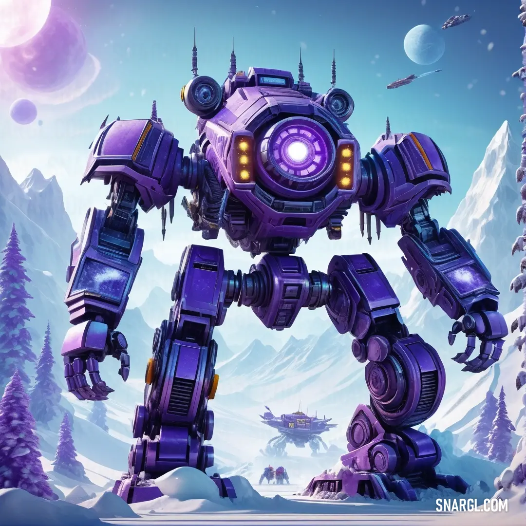 Purple robot standing in a snowy landscape with a sky background. Example of RGB 74,54,135 color.