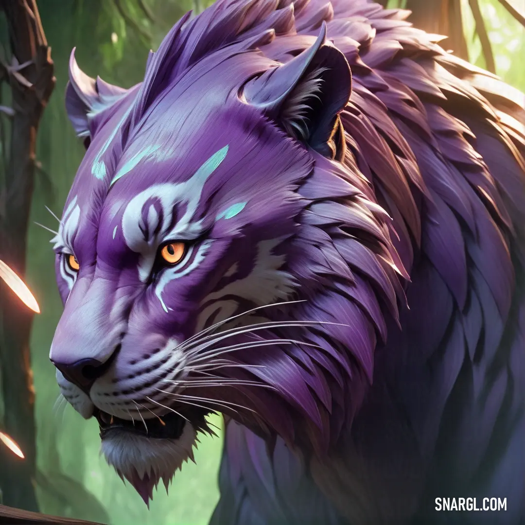 A striking purple tiger with luminous orange eyes and a sleek black tail, poised majestically against a vibrant green backdrop, creating a captivating contrast as it embodies wild beauty and fierce elegance.