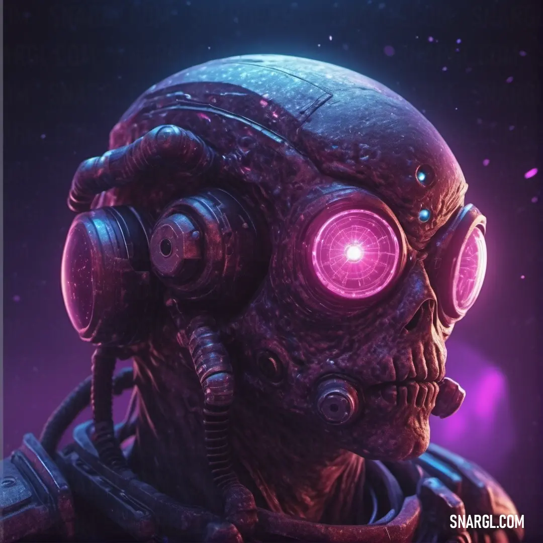 A futuristic robot wearing sleek headphones, its glowing eyeball illuminating the dark cosmos, surrounded by a dazzling array of stars against a rich purple backdrop that evokes a sense of wonder and exploration in the vastness of space.