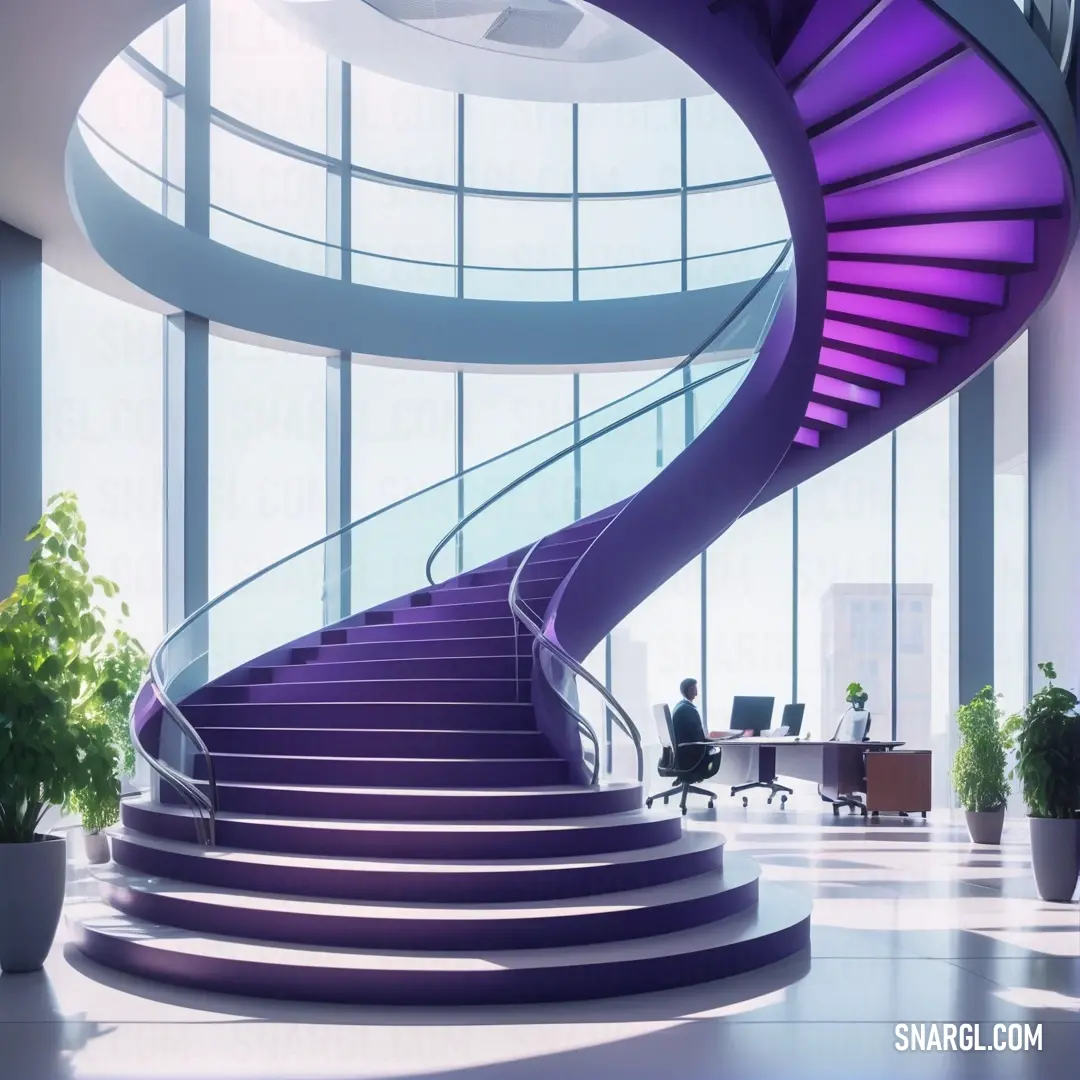 A stunning spiral staircase set within a spacious office building, featuring a striking purple railing that adds a splash of color to the modern architecture. This design element invites visitors to explore and experience the grandeur of the space.