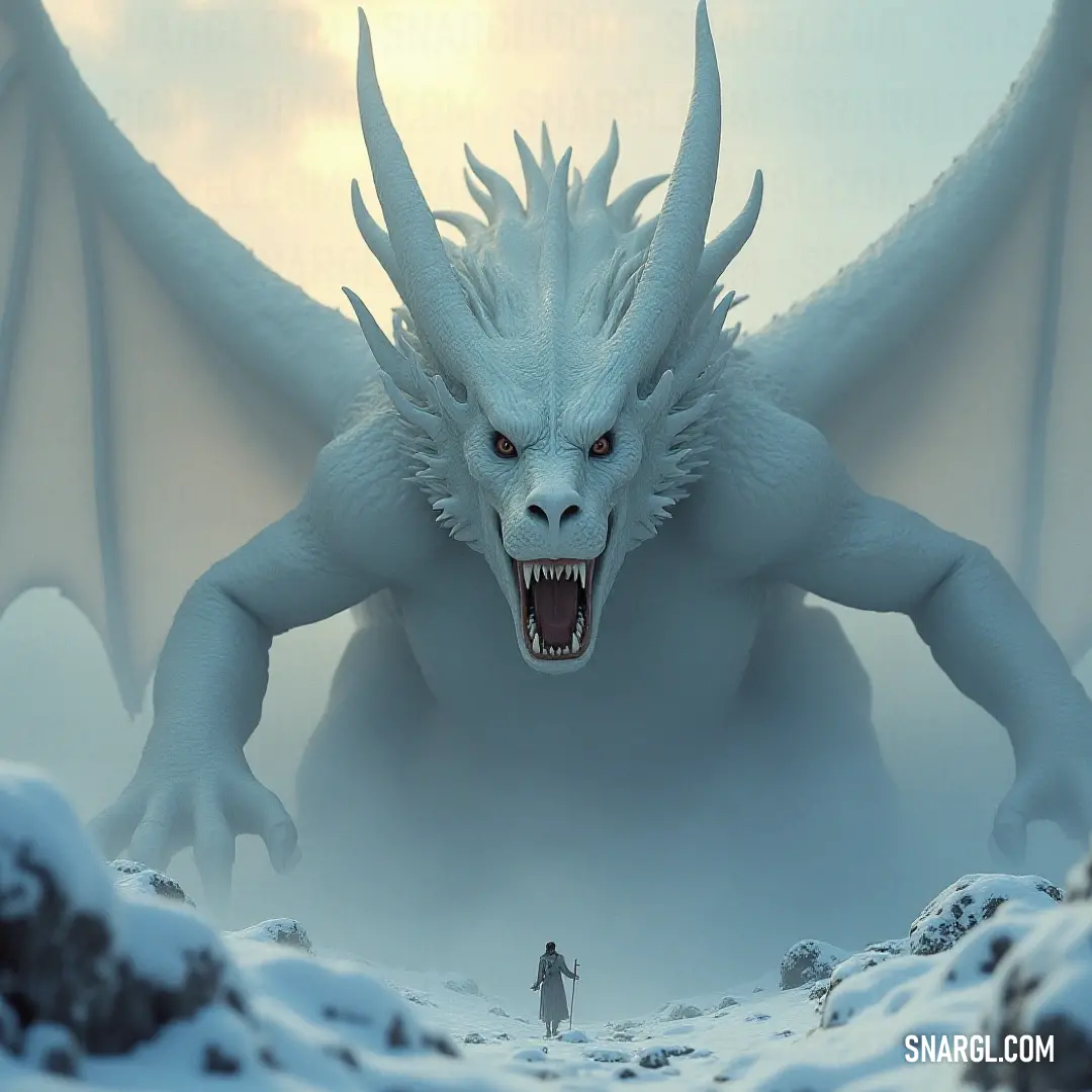 A majestic white dragon with its mouth wide open is perched in a snowy scene, while a lone figure stands in awe before it. The dragon's powerful presence is framed by a soft violet hue, setting a mystical and dramatic mood.