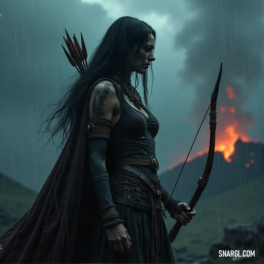 A determined woman, cloaked in a rain-soaked atmosphere, expertly aims her bow and arrow against a backdrop of towering mountains, showcasing the majestic beauty of nature amidst the storm. The scene evokes the rich hue of PANTONE Violet.