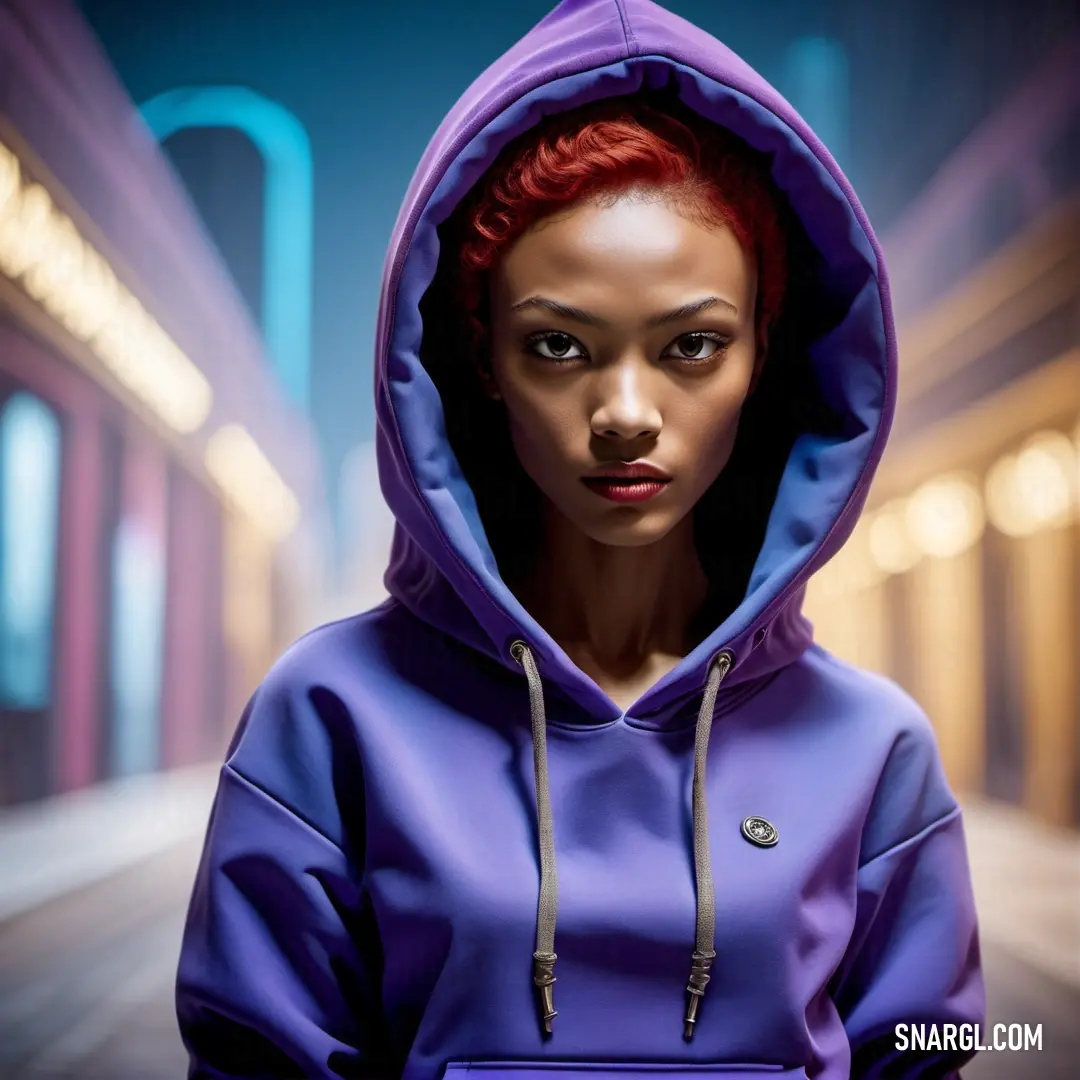 Woman with red hair wearing a purple hoodie in a subway station with a train on the tracks. Color CMYK 90,99,0,0.