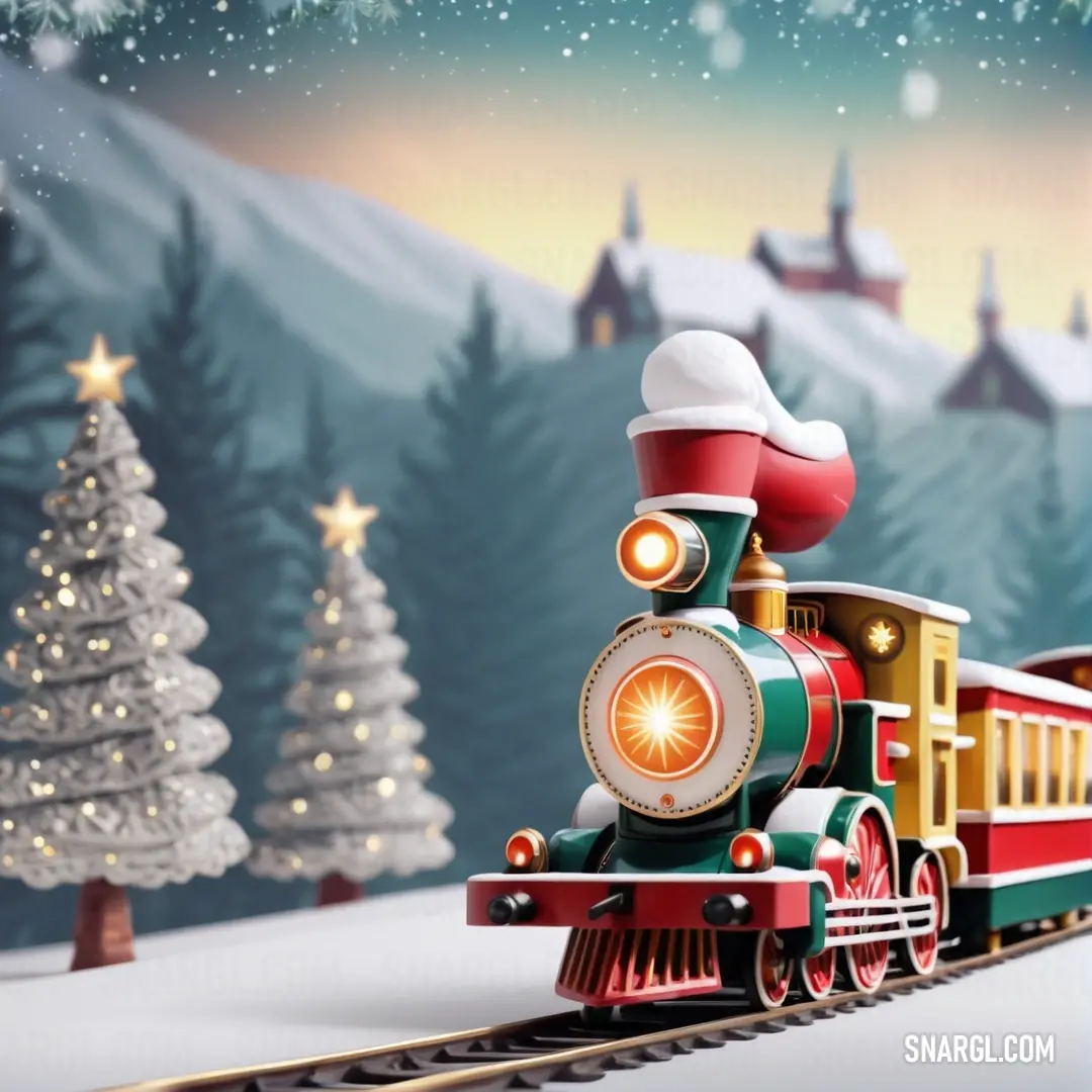 Christmas train with a santa hat on it is coming down the track in front of a snowy landscape. Color CMYK 3,3,6,7.