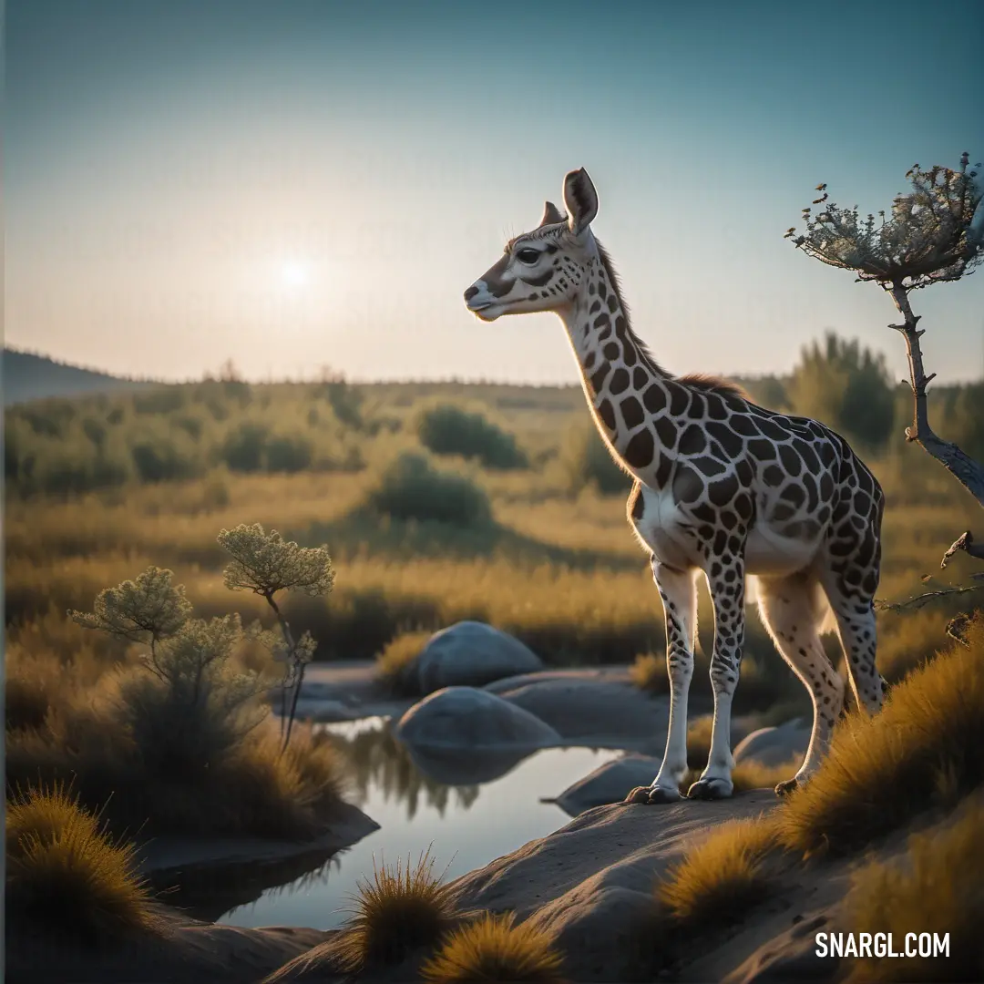 Giraffe standing on a hill next to a body of water and a tree with a sun in the background. Color #DBD8D1.