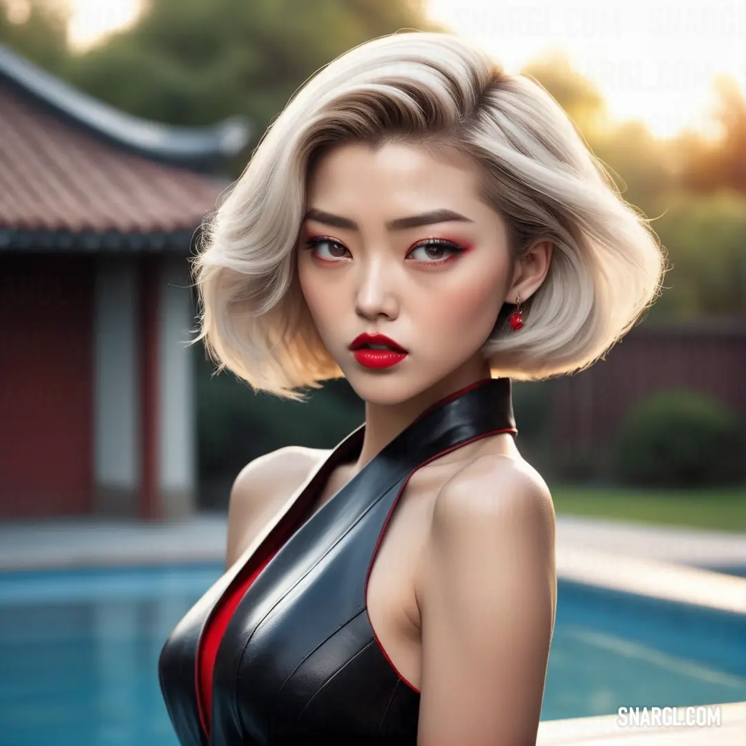 Woman with a short blond hair and red lipstick standing next to a pool of water wearing a black dress. Color #DBD8D1.