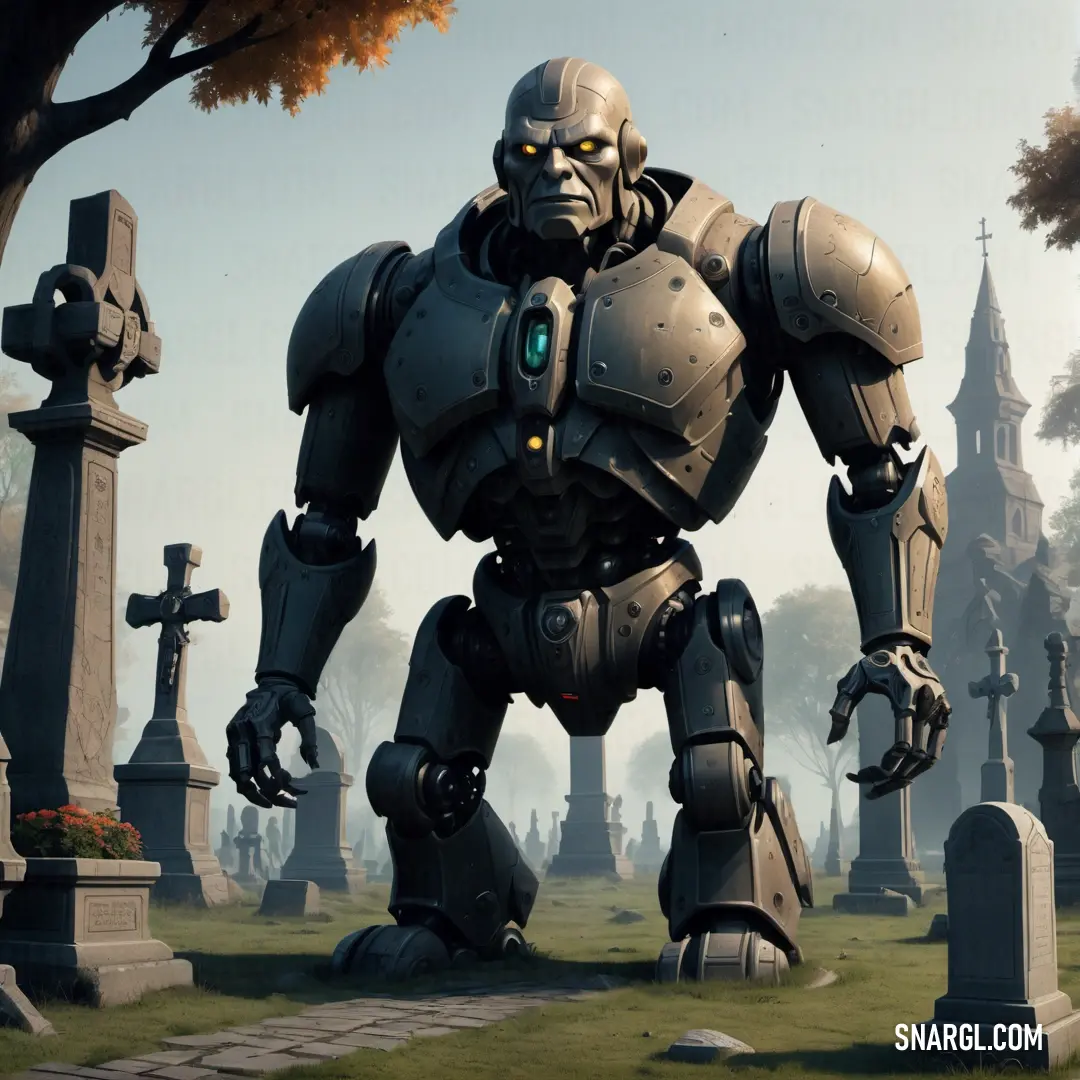 Giant robot standing in a graveyard with a green light on his face. Example of #776A60 color.