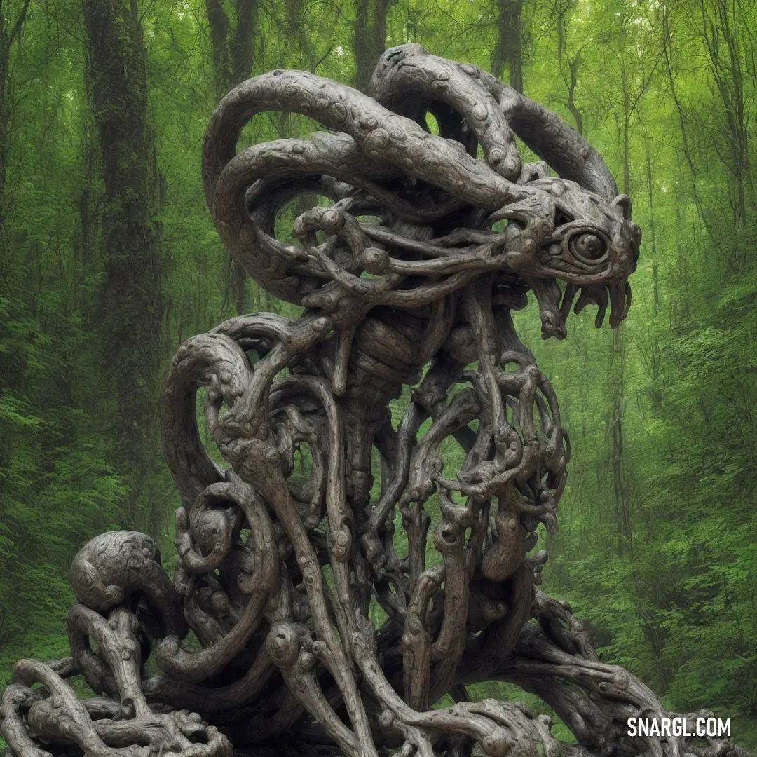 Sculpture of a dragon in a forest with trees in the background. Example of PANTONE Warm Gray 10 color.