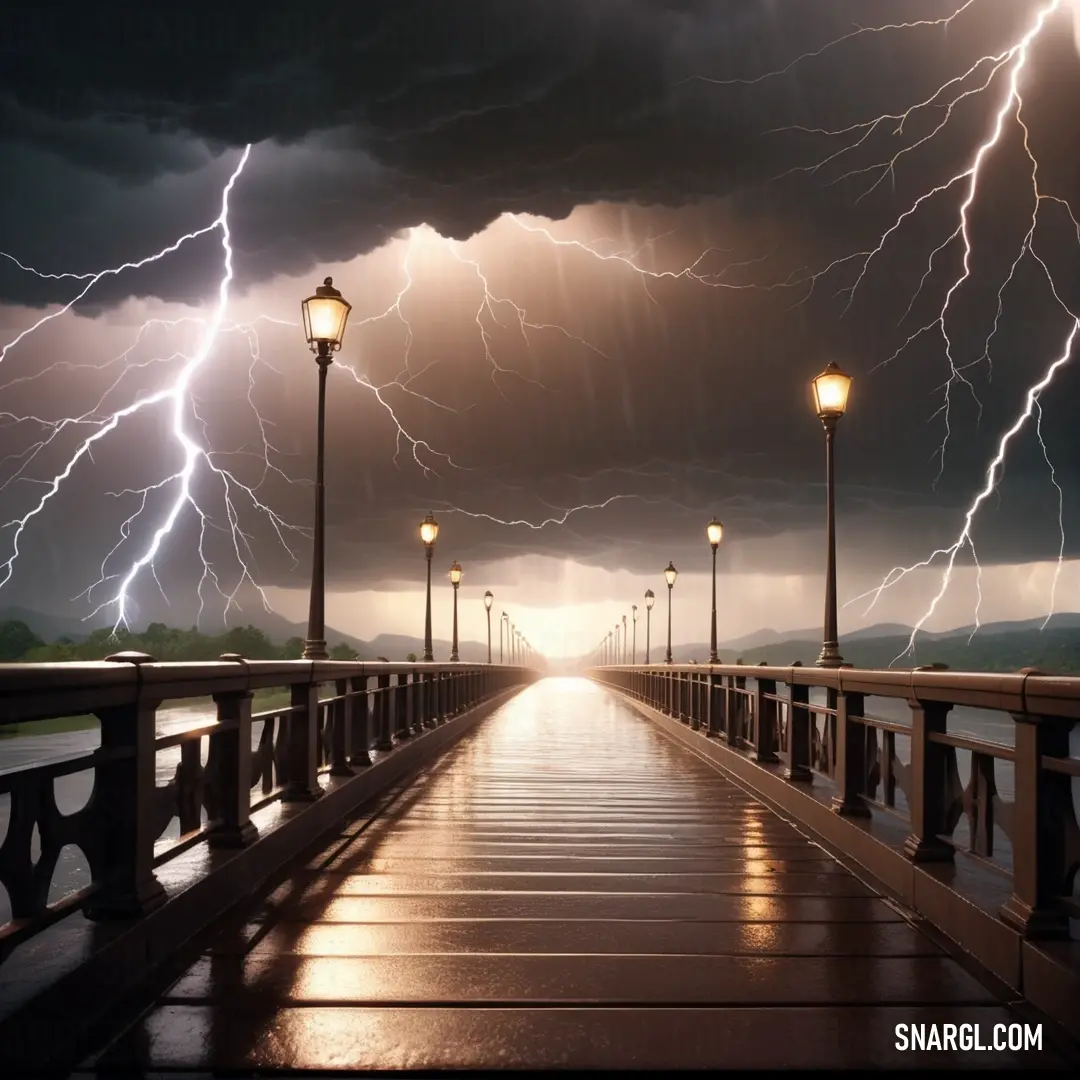 Bridge with a lot of lightning in the sky above it. Example of RGB 108,96,84 color.