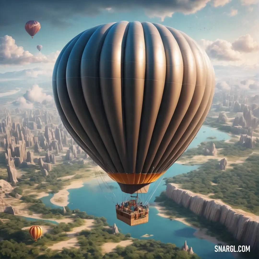 Hot air balloon flying over a city with a lake and forest below it in a cloudy sky with a few clouds. Color PANTONE Warm Gray 11.