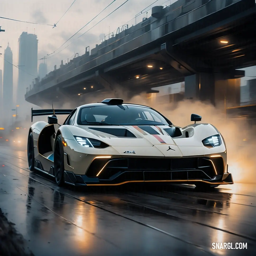 White sports car driving down a wet road in the rain with a bridge in the background. Example of RGB 188,180,172 color.