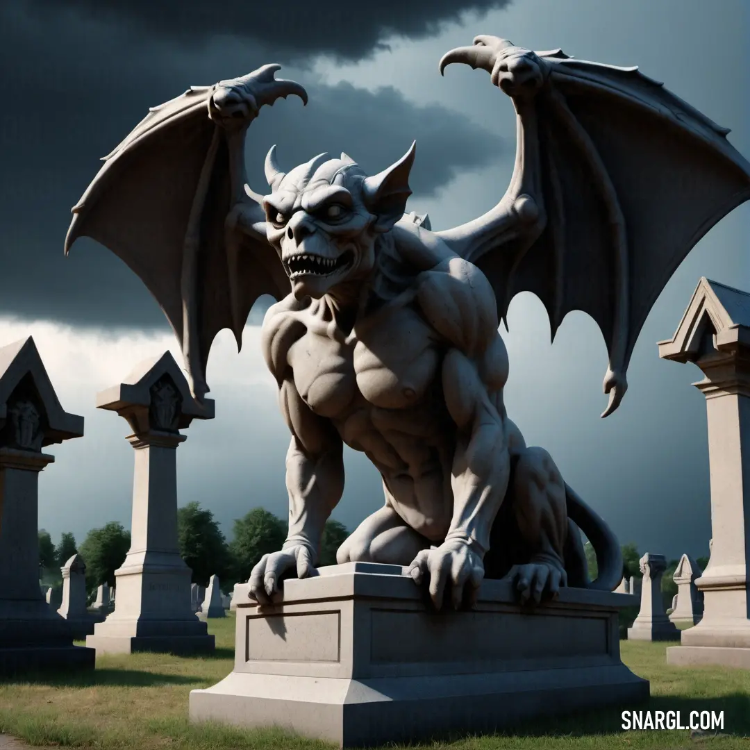 PANTONE Warm Gray 4 color example: Statue of a demon on a grave in a cemetery with a dark sky in the background