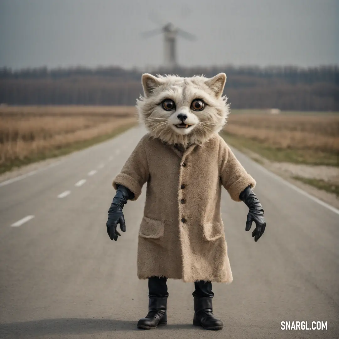 PANTONE Warm Gray 5 color. Person in a racoon costume standing on a road with a windmill in the background