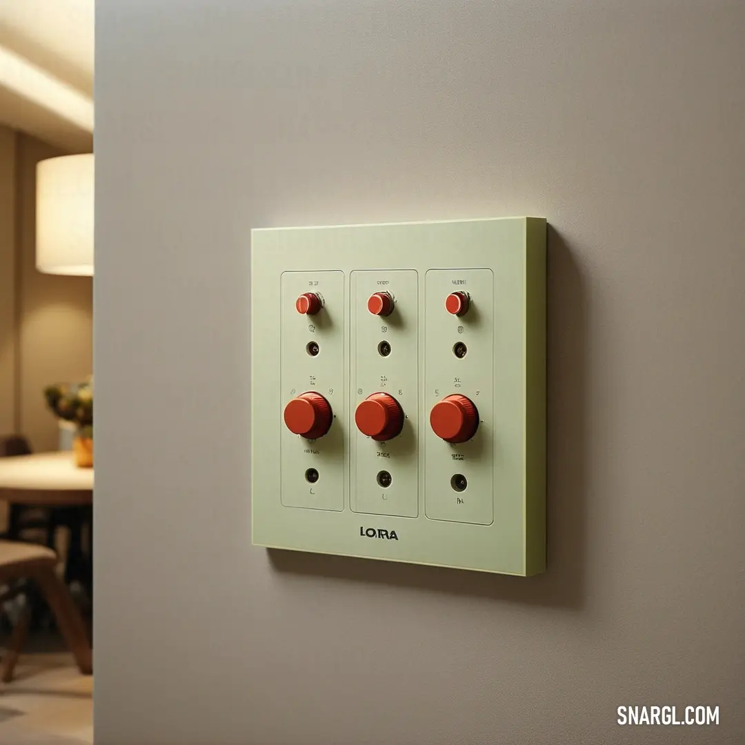 Switch panel mounted to a wall in a room with a table and chairs in the background. Example of CMYK 11,13,16,32 color.