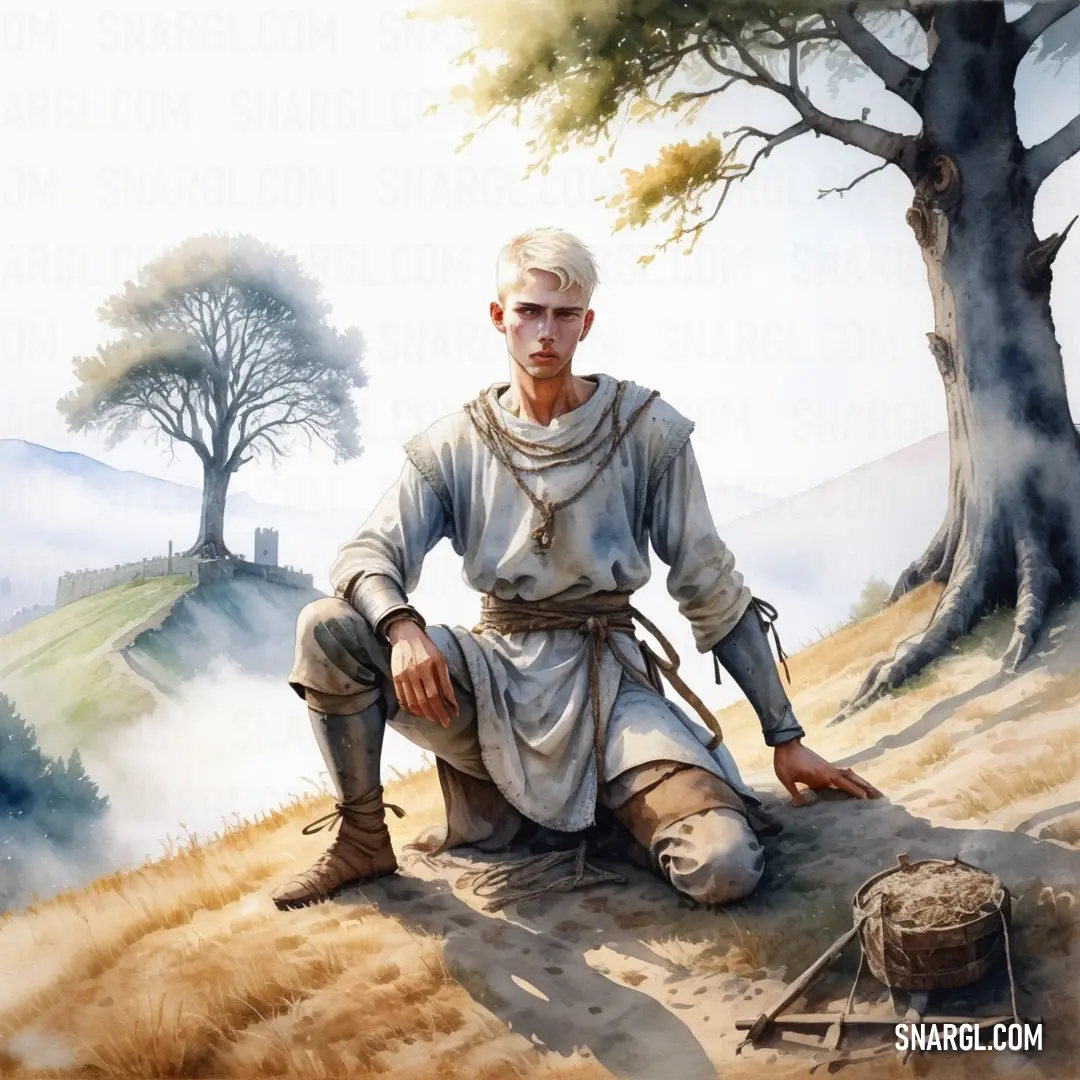 Painting of a man on a hill with a tree in the background. Color #A2988F.