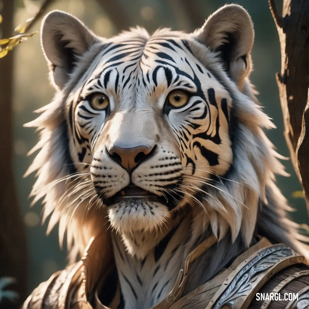 White tiger with a leather armor and a tree in the background. Color CMYK 14,19,21,39.